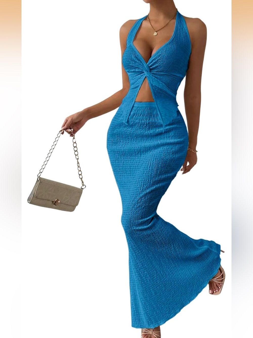 Blue Twist-Front Maxi Skirt and Top Two Piece